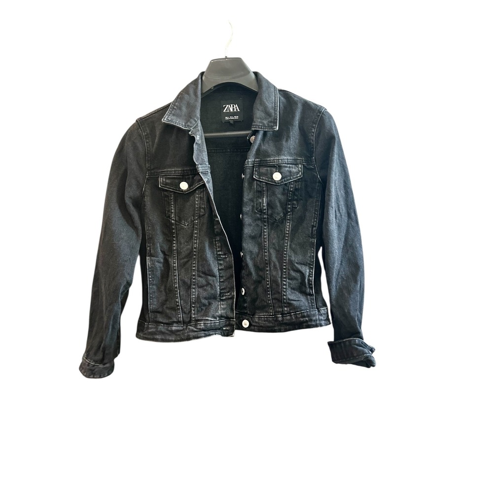 ZARA Classic Black Denim Jacket Women's Size L Trucker Style‎